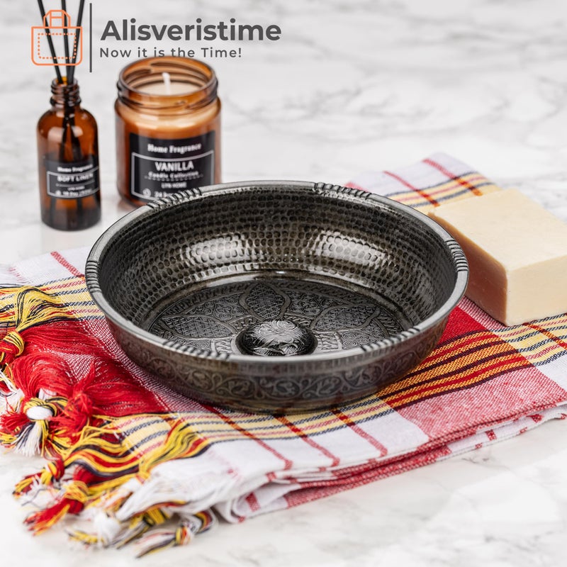 Alisveristime Traditional Turkish Bath Hammam Bowl with Authentic Motifs (440gr (15.50 oz) Made of Zinc (7.87-Inch Diameter) (Black) - Image 2